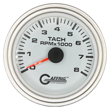 GAFFRIG 3 3/8 INCH TACHOMETER GAUGE 6000, 8000 & 10000 RPM WHITE 8000 / STEP RIM (008) / PLATINUM