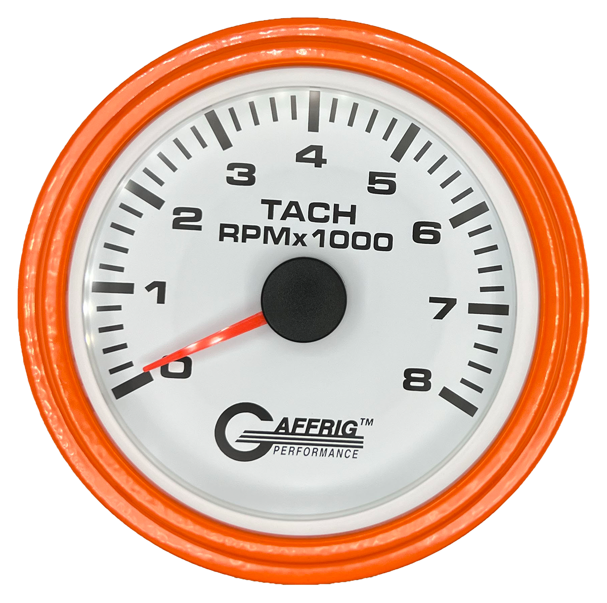 GAFFRIG 3 3/8 INCH TACHOMETER GAUGE 6000, 8000 & 10000 RPM WHITE 8000 / STEP RIM (008) / ORANGE