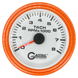 GAFFRIG 3 3/8 INCH TACHOMETER GAUGE 6000, 8000 & 10000 RPM WHITE 8000 / STEP RIM (008) / ORANGE