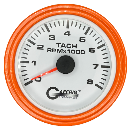 GAFFRIG 3 3/8 INCH TACHOMETER GAUGE 6000, 8000 & 10000 RPM WHITE 8000 / STEP RIM (008) / ORANGE