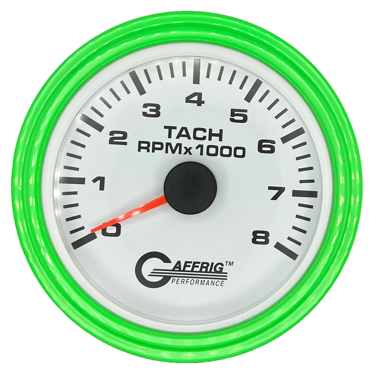 GAFFRIG 3 3/8 INCH TACHOMETER GAUGE 6000, 8000 & 10000 RPM WHITE 8000 / STEP RIM (008) / LIME GREEN