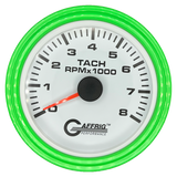 GAFFRIG 3 3/8 INCH TACHOMETER GAUGE 6000, 8000 & 10000 RPM WHITE 8000 / STEP RIM (008) / LIME GREEN