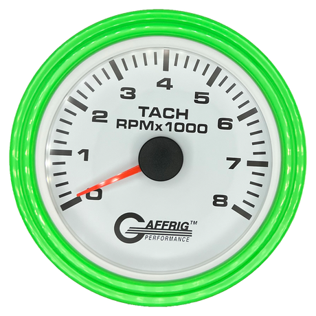 GAFFRIG 3 3/8 INCH TACHOMETER GAUGE 6000, 8000 & 10000 RPM WHITE 8000 / STEP RIM (008) / LIME GREEN