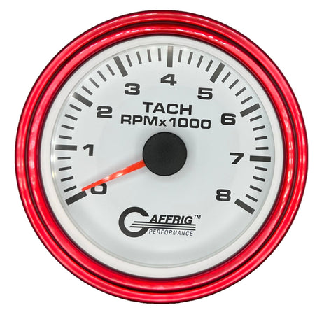 GAFFRIG 3 3/8 INCH TACHOMETER GAUGE 6000, 8000 & 10000 RPM WHITE 8000 / STEP RIM (008) / RED