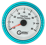 GAFFRIG 3 3/8 INCH TACHOMETER GAUGE 6000, 8000 & 10000 RPM WHITE 8000 / STEP RIM (008) / TEAL