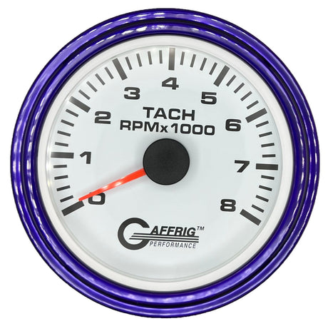 GAFFRIG 3 3/8 INCH TACHOMETER GAUGE 6000, 8000 & 10000 RPM WHITE 8000 / STEP RIM (008) / PURPLE