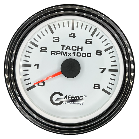 GAFFRIG 3 3/8 INCH TACHOMETER GAUGE 6000, 8000 & 10000 RPM WHITE 8000 / STEP RIM (008) / BLACK