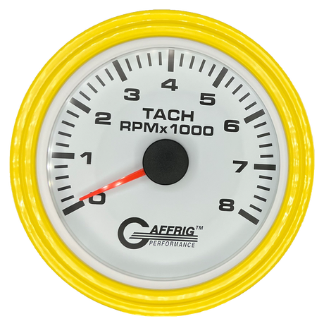 GAFFRIG 3 3/8 INCH TACHOMETER GAUGE 6000, 8000 & 10000 RPM WHITE 8000 / STEP RIM (008) / YELLOW