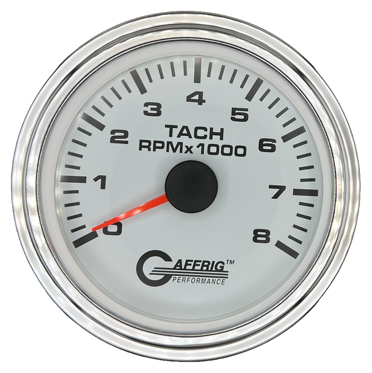 GAFFRIG 3 3/8 INCH TACHOMETER GAUGE 6000, 8000 & 10000 RPM WHITE 8000 / STEP RIM (008) / CHROME/POLISHED