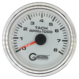 GAFFRIG 3 3/8 INCH TACHOMETER GAUGE 6000, 8000 & 10000 RPM WHITE 8000 / STEP RIM (008) / CHROME/POLISHED