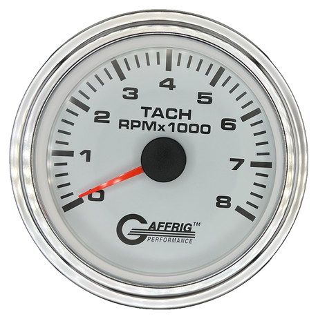 GAFFRIG 3 3/8 INCH TACHOMETER GAUGE 6000, 8000 & 10000 RPM WHITE 8000 / STEP RIM (008) / CHROME/POLISHED