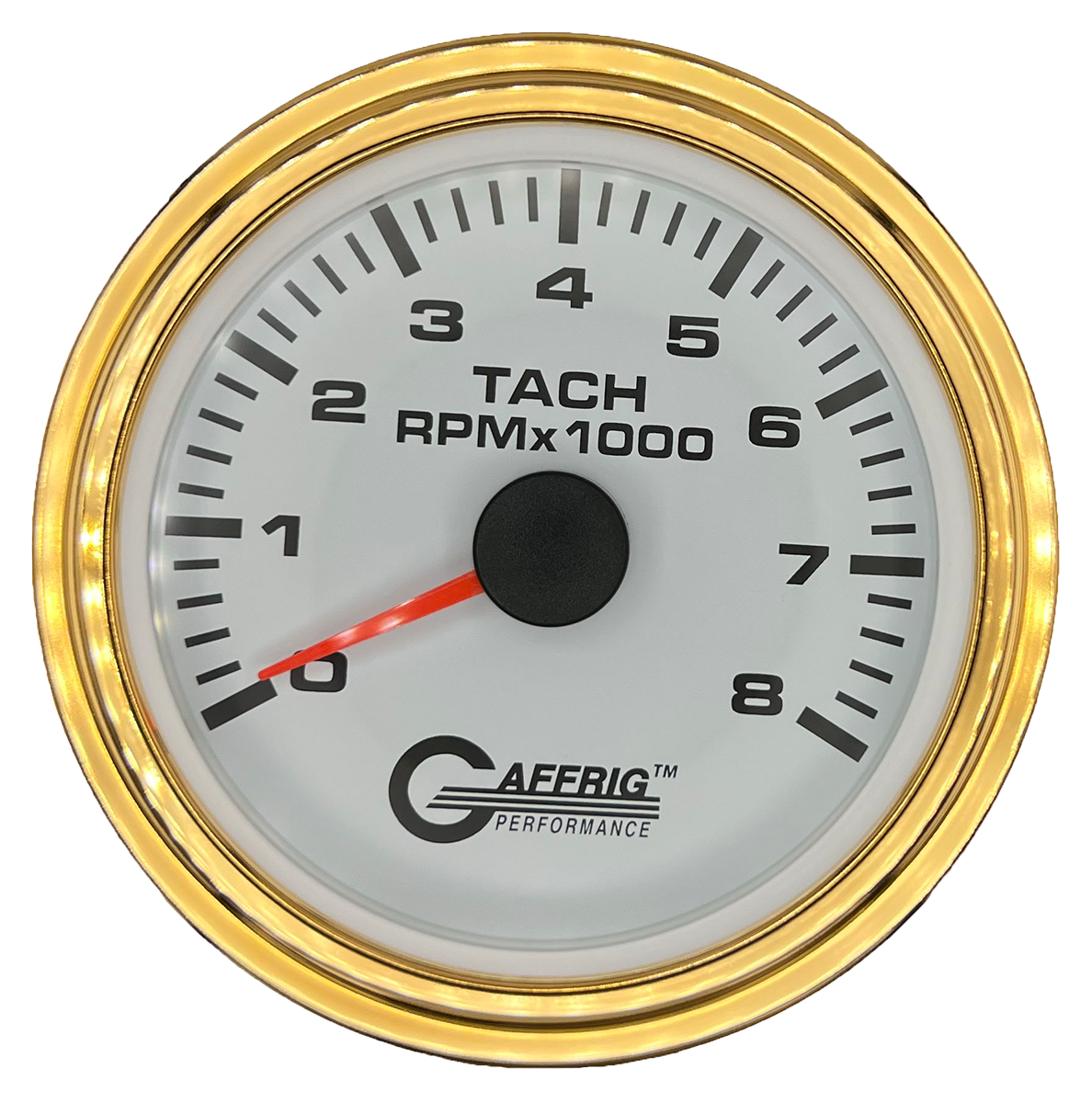 GAFFRIG 3 3/8 INCH TACHOMETER GAUGE 6000, 8000 & 10000 RPM WHITE 8000 / STEP RIM (008) / GOLD