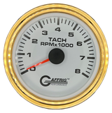 GAFFRIG 3 3/8 INCH TACHOMETER GAUGE 6000, 8000 & 10000 RPM WHITE 8000 / STEP RIM (008) / GOLD