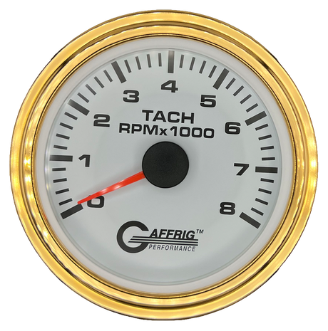 GAFFRIG 3 3/8 INCH TACHOMETER GAUGE 6000, 8000 & 10000 RPM WHITE 8000 / STEP RIM (008) / GOLD