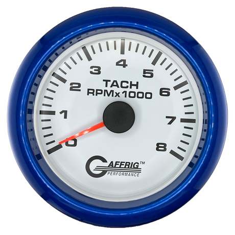 GAFFRIG 3 3/8 INCH TACHOMETER GAUGE 6000, 8000 & 10000 RPM WHITE 8000 / FAT RIM (338) / BLUE