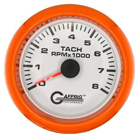 GAFFRIG 3 3/8 INCH TACHOMETER GAUGE 6000, 8000 & 10000 RPM WHITE 8000 / FAT RIM (338) / ORANGE