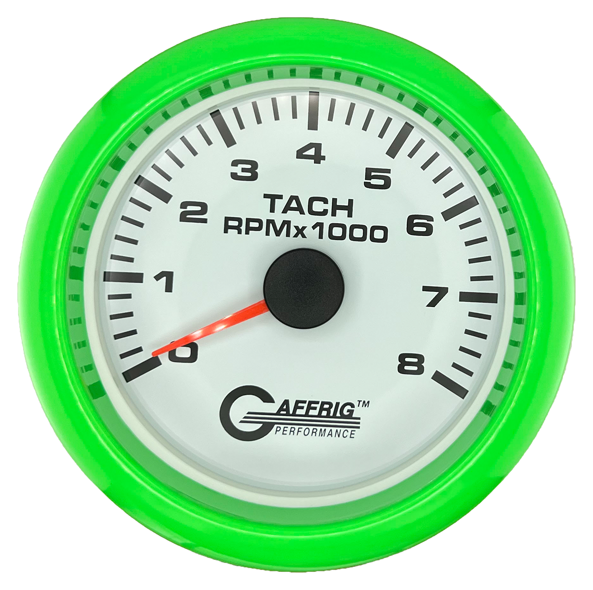 GAFFRIG 3 3/8 INCH TACHOMETER GAUGE 6000, 8000 & 10000 RPM WHITE 8000 / FAT RIM (338) / LIME GREEN