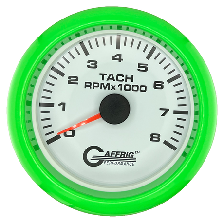 GAFFRIG 3 3/8 INCH TACHOMETER GAUGE 6000, 8000 & 10000 RPM WHITE 8000 / FAT RIM (338) / LIME GREEN