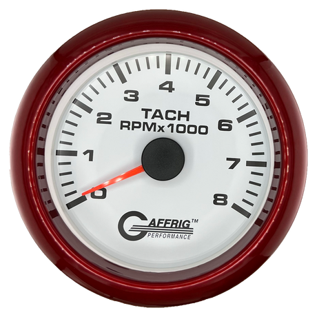 GAFFRIG 3 3/8 INCH TACHOMETER GAUGE 6000, 8000 & 10000 RPM WHITE 8000 / FAT RIM (338) / RED