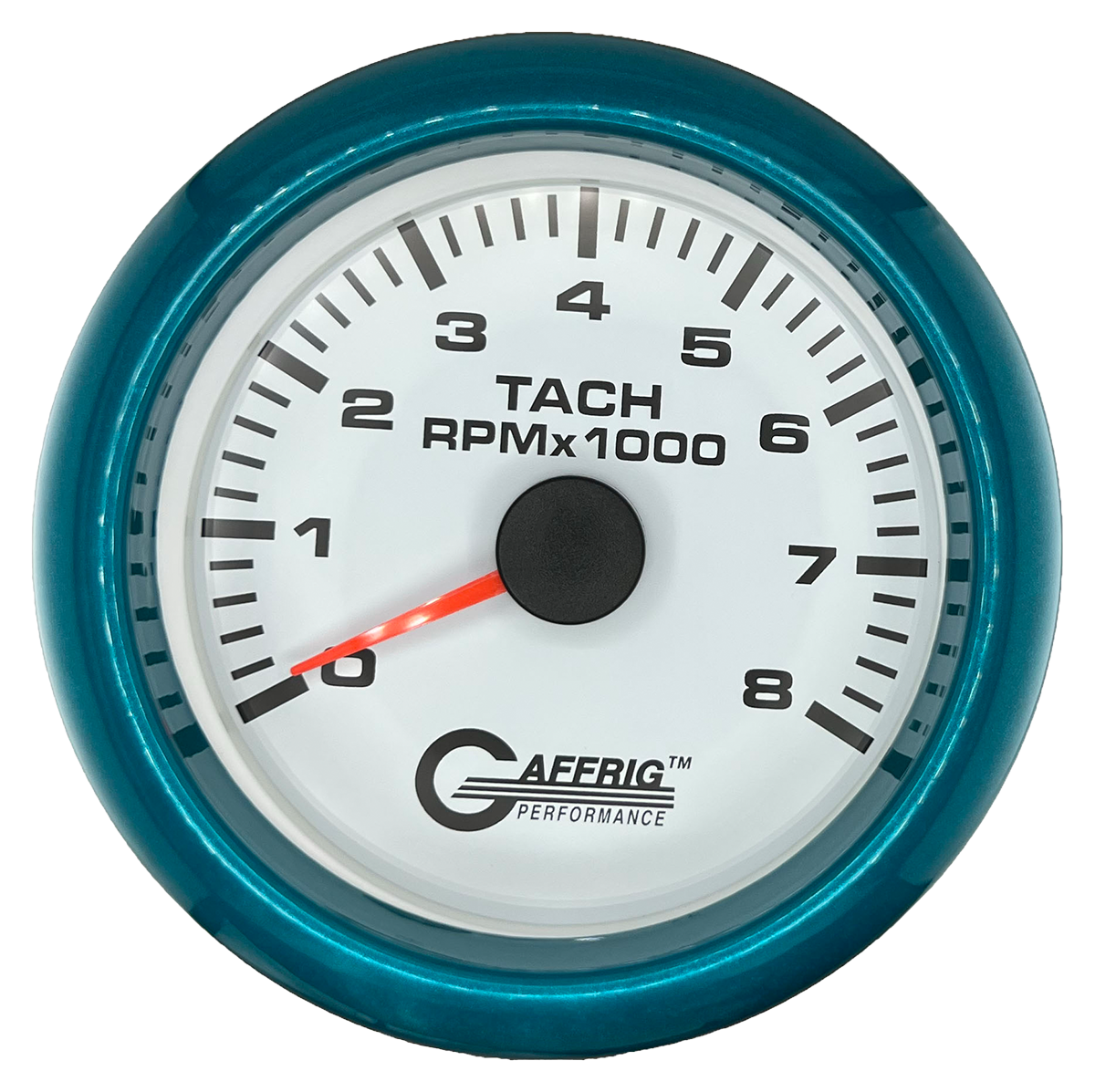 GAFFRIG 3 3/8 INCH TACHOMETER GAUGE 6000, 8000 & 10000 RPM WHITE 8000 / FAT RIM (338) / TEAL