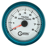 GAFFRIG 3 3/8 INCH TACHOMETER GAUGE 6000, 8000 & 10000 RPM WHITE 8000 / FAT RIM (338) / TEAL