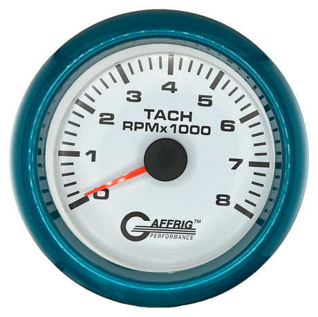 GAFFRIG 3 3/8 INCH TACHOMETER GAUGE 6000, 8000 & 10000 RPM WHITE 8000 / FAT RIM (338) / TEAL