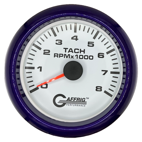 GAFFRIG 3 3/8 INCH TACHOMETER GAUGE 6000, 8000 & 10000 RPM WHITE 8000 / FAT RIM (338) / PURPLE