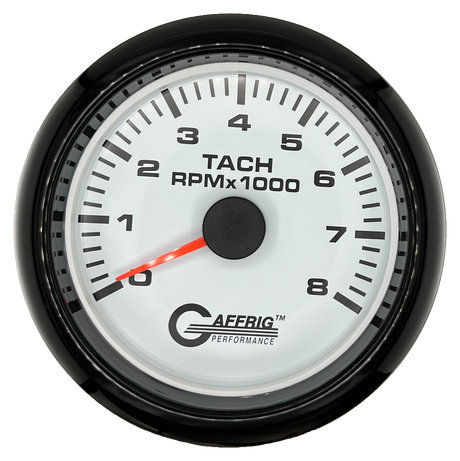 GAFFRIG 3 3/8 INCH TACHOMETER GAUGE 6000, 8000 & 10000 RPM WHITE 8000 / FAT RIM (338) / BLACK