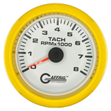 GAFFRIG 3 3/8 INCH TACHOMETER GAUGE 6000, 8000 & 10000 RPM WHITE 8000 / FAT RIM (338) / YELLOW