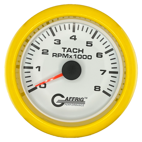 GAFFRIG 3 3/8 INCH TACHOMETER GAUGE 6000, 8000 & 10000 RPM WHITE 8000 / FAT RIM (338) / YELLOW