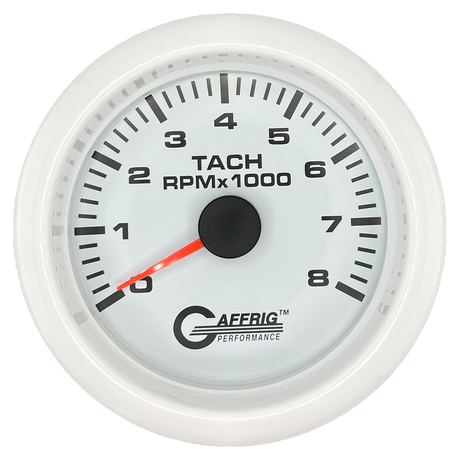 GAFFRIG 3 3/8 INCH TACHOMETER GAUGE 6000, 8000 & 10000 RPM WHITE 8000 / FAT RIM (338) / WHITE