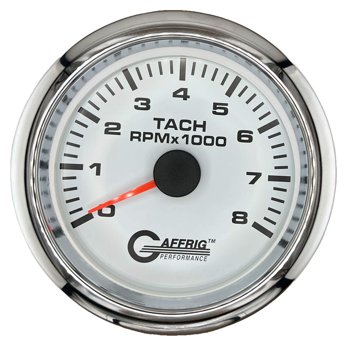 GAFFRIG 3 3/8 INCH TACHOMETER GAUGE 6000, 8000 & 10000 RPM WHITE 8000 / FAT RIM (338) / CHROME/POLISHED