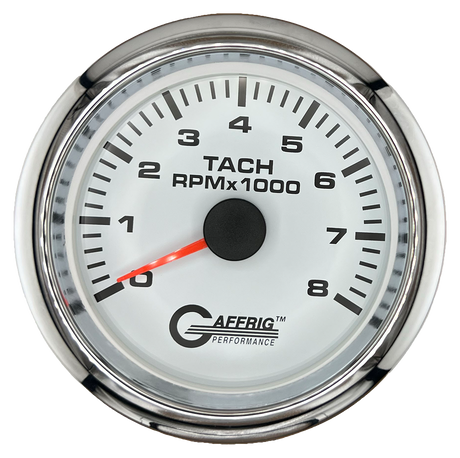 GAFFRIG 3 3/8 INCH TACHOMETER GAUGE 6000, 8000 & 10000 RPM WHITE 8000 / FAT RIM (338) / CHROME/POLISHED