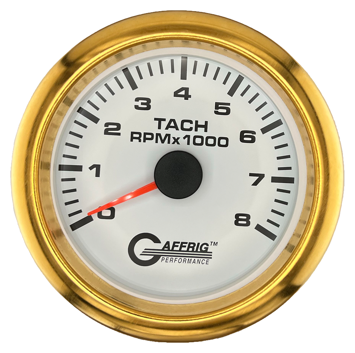 GAFFRIG 3 3/8 INCH TACHOMETER GAUGE 6000, 8000 & 10000 RPM WHITE 8000 / FAT RIM (338) / GOLD