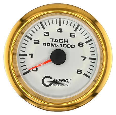 GAFFRIG 3 3/8 INCH TACHOMETER GAUGE 6000, 8000 & 10000 RPM WHITE 8000 / FAT RIM (338) / GOLD