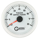 GAFFRIG 3 3/8 INCH TACHOMETER GAUGE 6000, 8000 & 10000 RPM WHITE 8000 / STEP RIM (008) / WHITE