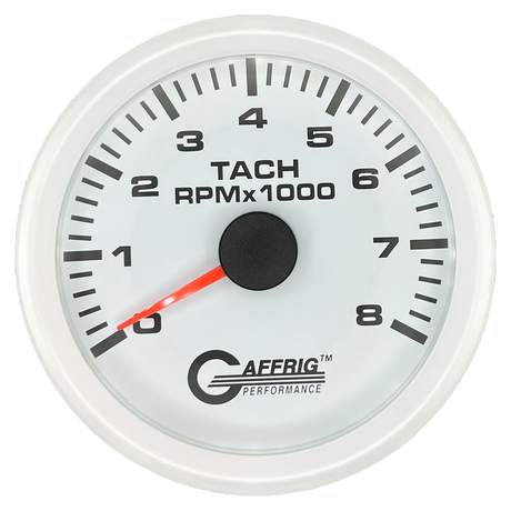 GAFFRIG 3 3/8 INCH TACHOMETER GAUGE 6000, 8000 & 10000 RPM WHITE 8000 / STEP RIM (008) / WHITE