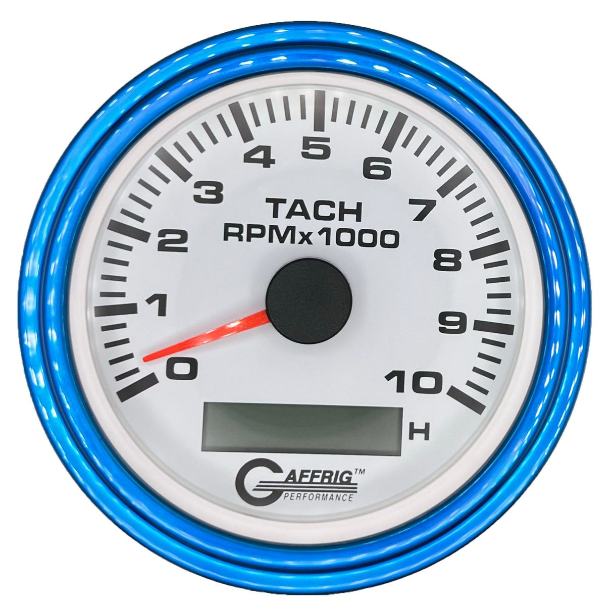 GAFFRIG 3 3/8 INCH ELECTRIC TACH/HOUR METER 6000, 8000, 10000 RPM WHITE 10000 / STEP RIM (008) / BLUE