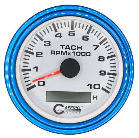 GAFFRIG 3 3/8 INCH ELECTRIC TACH/HOUR METER 6000, 8000, 10000 RPM WHITE 10000 / STEP RIM (008) / BLUE