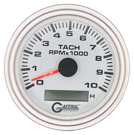 GAFFRIG 3 3/8 INCH ELECTRIC TACH/HOUR METER 6000, 8000, 10000 RPM WHITE 10000 / STEP RIM (008) / PLATINUM