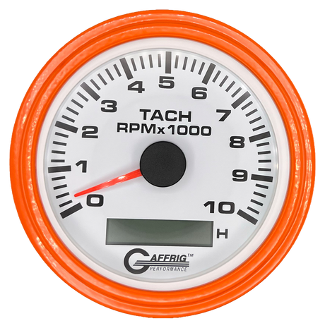 GAFFRIG 3 3/8 INCH ELECTRIC TACH/HOUR METER 6000, 8000, 10000 RPM WHITE 10000 / STEP RIM (008) / ORANGE