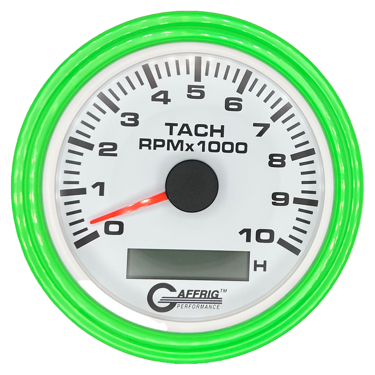 GAFFRIG 3 3/8 INCH ELECTRIC TACH/HOUR METER 6000, 8000, 10000 RPM WHITE 10000 / STEP RIM (008) / LIME GREEN