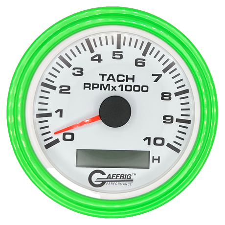 GAFFRIG 3 3/8 INCH ELECTRIC TACH/HOUR METER 6000, 8000, 10000 RPM WHITE 10000 / STEP RIM (008) / LIME GREEN