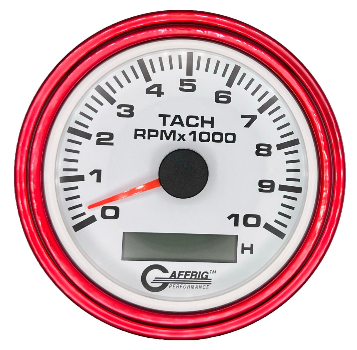 GAFFRIG 3 3/8 INCH ELECTRIC TACH/HOUR METER 6000, 8000, 10000 RPM WHITE 10000 / STEP RIM (008) / RED