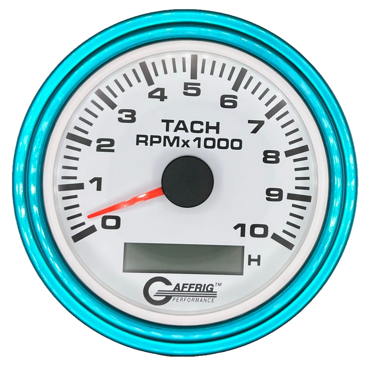 GAFFRIG 3 3/8 INCH ELECTRIC TACH/HOUR METER 6000, 8000, 10000 RPM WHITE 10000 / STEP RIM (008) / TEAL