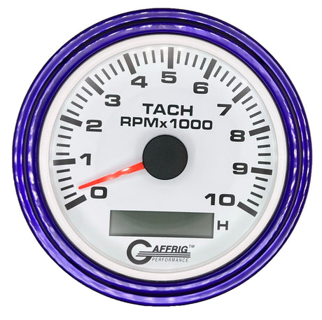 GAFFRIG 3 3/8 INCH ELECTRIC TACH/HOUR METER 6000, 8000, 10000 RPM WHITE 10000 / STEP RIM (008) / PURPLE