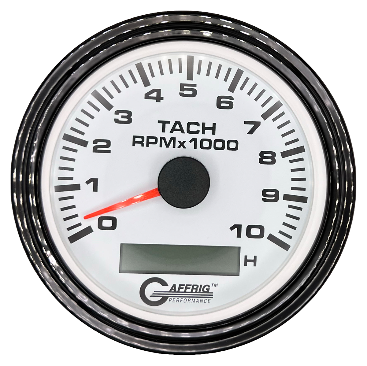 GAFFRIG 3 3/8 INCH ELECTRIC TACH/HOUR METER 6000, 8000, 10000 RPM WHITE 10000 / STEP RIM (008) / BLACK