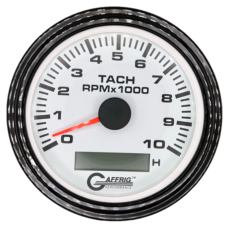 GAFFRIG 3 3/8 INCH ELECTRIC TACH/HOUR METER 6000, 8000, 10000 RPM WHITE 10000 / STEP RIM (008) / BLACK