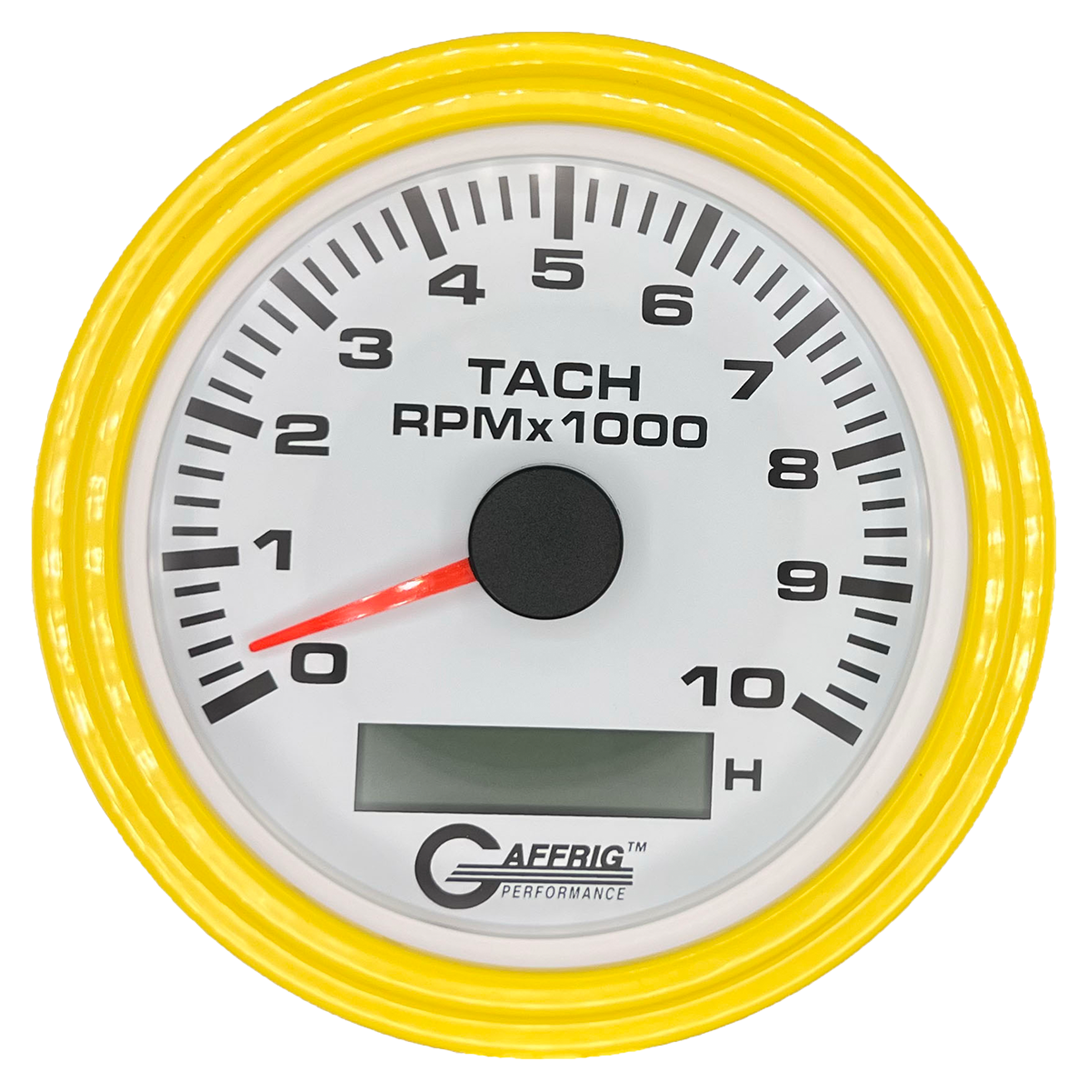 GAFFRIG 3 3/8 INCH ELECTRIC TACH/HOUR METER 6000, 8000, 10000 RPM WHITE 10000 / STEP RIM (008) / YELLOW