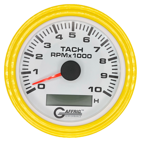 GAFFRIG 3 3/8 INCH ELECTRIC TACH/HOUR METER 6000, 8000, 10000 RPM WHITE 10000 / STEP RIM (008) / YELLOW